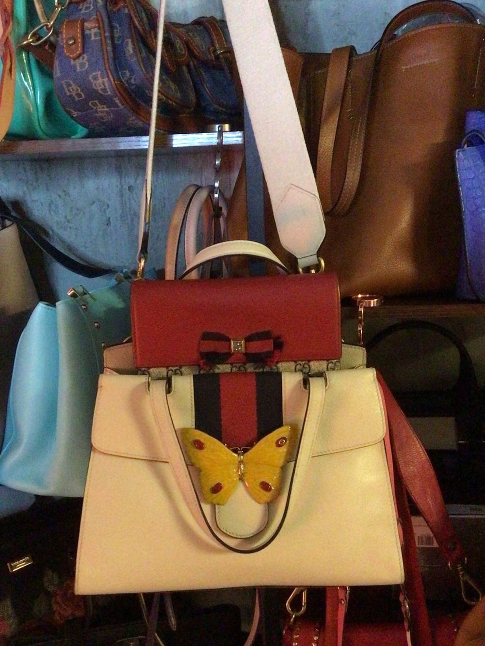 Gucci Leather Top-Handle Satchel w/ Red Accents & Yellow Butterfly & wallet